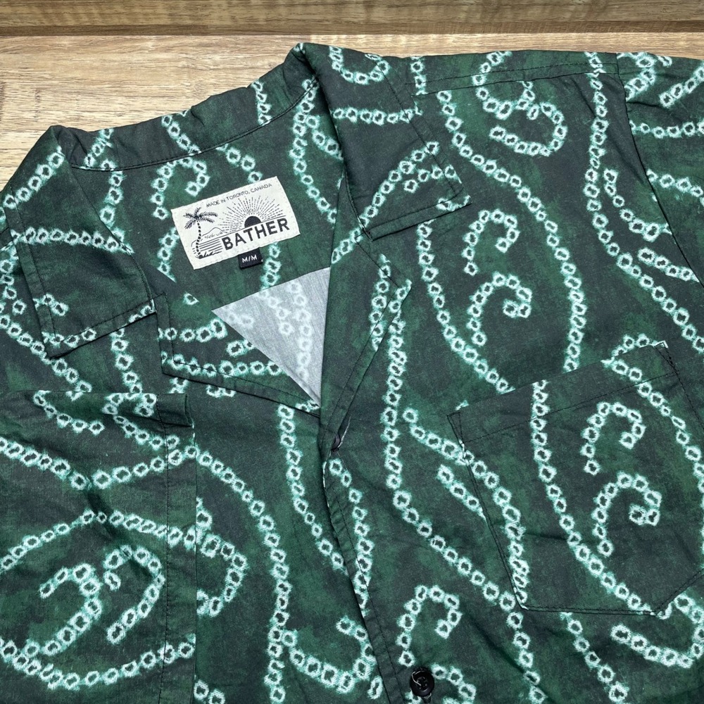 Bather Chain Print Short Sleeve Cotton Camp Collar Shirt Mens Medium Green AOP